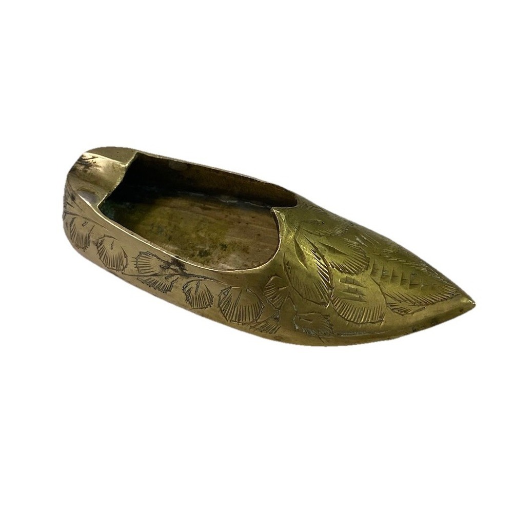 Vintage World Gift Solid Brass Mini Shoe Slipper Ashtray Etched Gold 3.5" Long‎